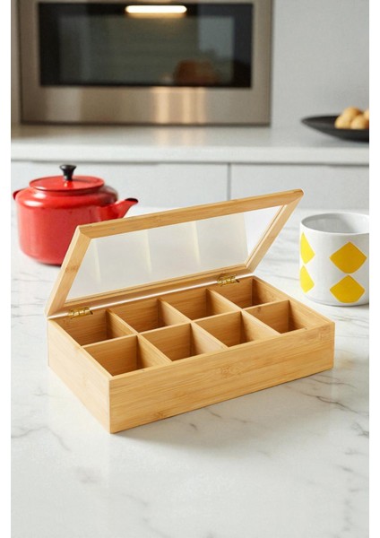 Bambu Çay Kutusu 8 Bölmeli Kapaklı Bitki Çayı Saklama Kabı Kahverengi - MG-001