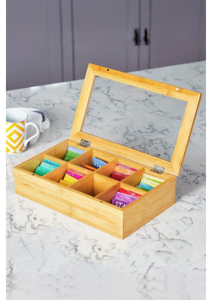 Bambu Çay Kutusu 8 Bölmeli Kapaklı Bitki Çayı Saklama Kabı Kahverengi - MG-001 fiyatları