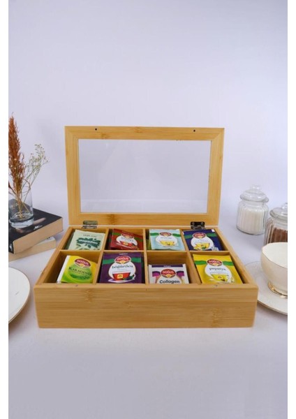 Bambu Çay Kutusu 8 Bölmeli Kapaklı Bitki Çayı Saklama Kabı Kahverengi - MG-001 fırsatları