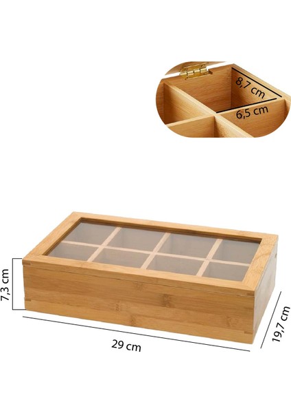 Bambu Çay Kutusu 8 Bölmeli Kapaklı Bitki Çayı Saklama Kabı Kahverengi - MG-001