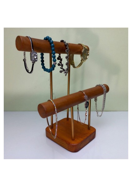 Ahşap - Gold Kaplama Çelik Takı Standı Takı Düzenleyici Takı Organizeri 2 Kademeli Ceviz Renk