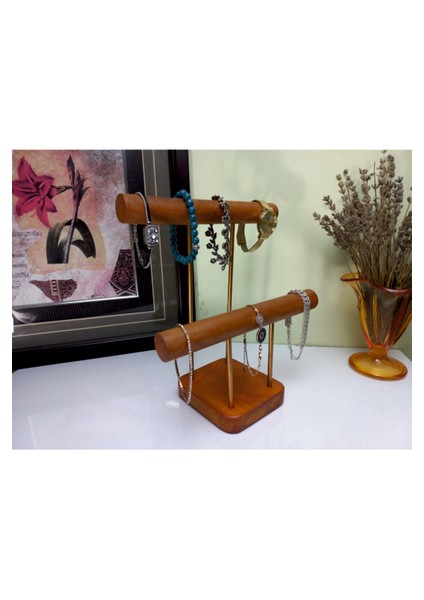 Ahşap - Gold Kaplama Çelik Takı Standı Takı Düzenleyici Takı Organizeri 2 Kademeli Ceviz Renk fiyatları