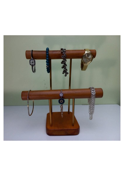 Ahşap - Gold Kaplama Çelik Takı Standı Takı Düzenleyici Takı Organizeri 2 Kademeli Ceviz Renk modelleri