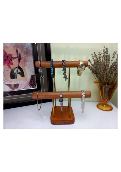 Ahşap - Gold Kaplama Çelik Takı Standı Takı Düzenleyici Takı Organizeri 2 Kademeli Ceviz Renk fırsatları