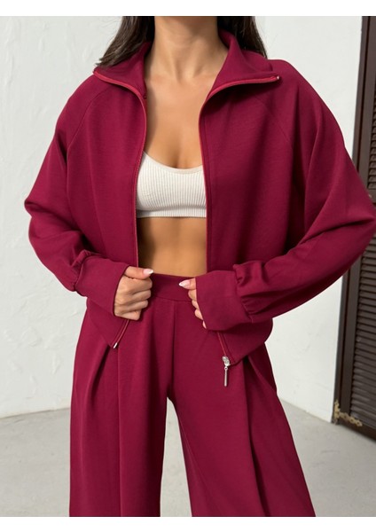Kadın Yumuşak Modal Dokulu Dik Yaka Ceket Pileli Geniş Paça Pantolon Alt Üst Spor Takım fırsatları