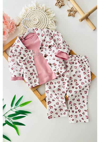 Kalp Detaylı Gabardin Kız Çocuk Ceketli 3 lü takım - Pembe