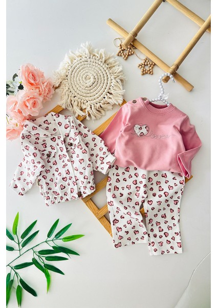 Kalp Detaylı Gabardin Kız Çocuk Ceketli 3 lü takım - Pembe fiyatları