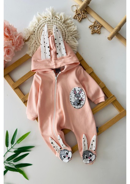 Tavşan Detaylı Unisex Bebek Penye tulum - Somon