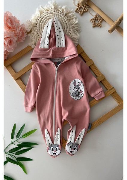 Tavşan Detaylı Unisex Bebek Penye tulum - Pembe