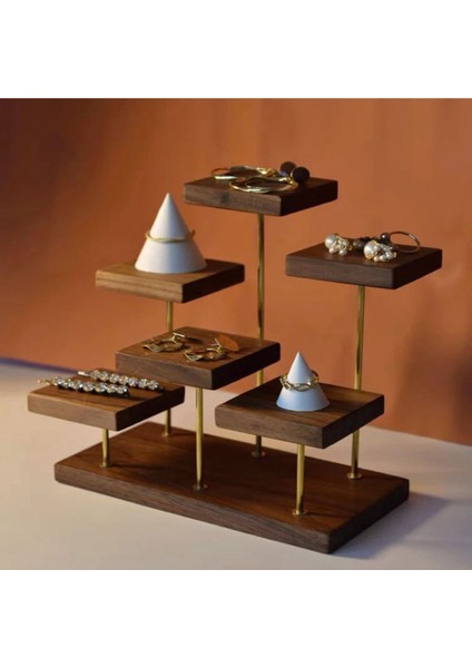 Ahşap Takı Sergileme Standı, 6 Katmanlı Teşhir Podyumu, Küpe Yüzük Sergi Standı