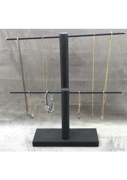 Ahşap - Siyah Kaplama Çelik Takı Standı Takı Düzenleyici Takı Organizeri 2 Kademeli