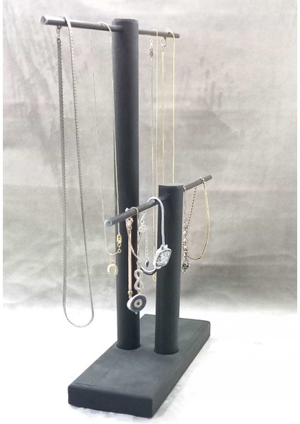 Ahşap - Siyah Kaplama Çelik Takı Standı Takı Düzenleyici Takı Organizeri 2 Kademeli