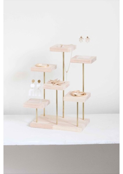Ahşap Takı Sergileme Standı, 6 Katmanlı Teşhir Podyumu, Küpe Yüzük Sergi Standı