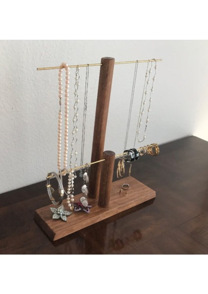 Ahşap - Gold Kaplama Çelik Takı Standı Takı Düzenleyici Takı Organizeri 2 Kademeli