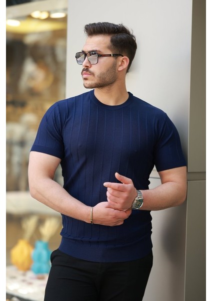 Erkek Kısa Kollu Bisiklet Yaka Çizgili Triko Tişört fiyatları