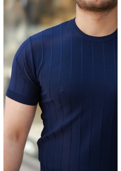 Erkek Kısa Kollu Bisiklet Yaka Çizgili Triko Tişört modelleri