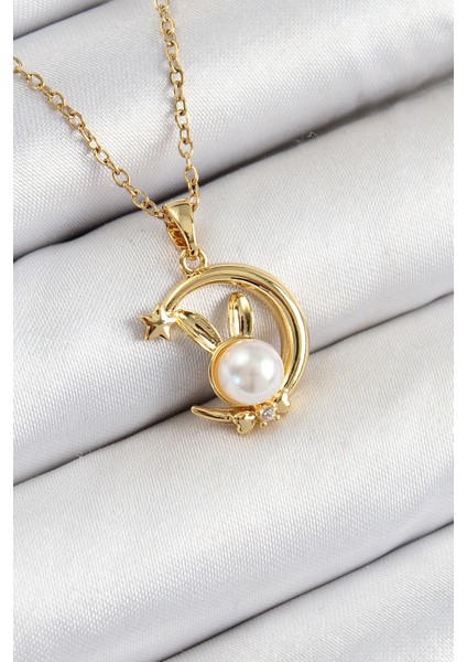 Bfs 316L Çelik Inci Detaylı Hilal Tavşan Model Gold Renk Kadın Kolye