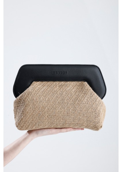 Kadın Siyah Çerçeveli Balık Sırtı Jüt Clutch El Çantası
