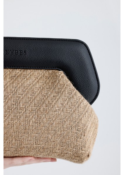 Kadın Siyah Çerçeveli Balık Sırtı Jüt Clutch El Çantası fırsatları
