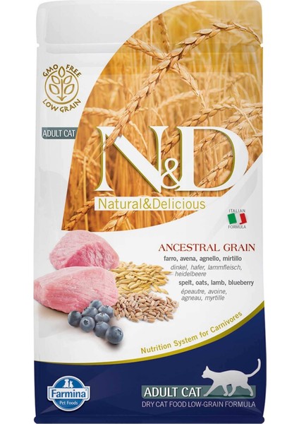 Nd Ancestral Grain Düşük Tahıllı Kuzu Eti ve Yaban Mersinli Yetişkin Kedi Maması 5kg