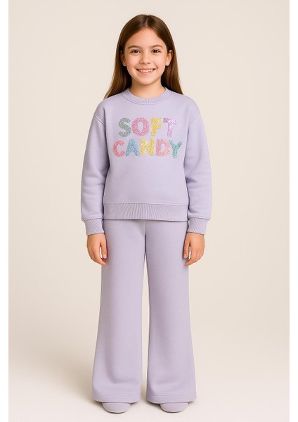 Kız Çocuk Renkli Payet Nakışlı 2’li Eşofman Takımı (Sweatshirt + Alt) 10760 Lila