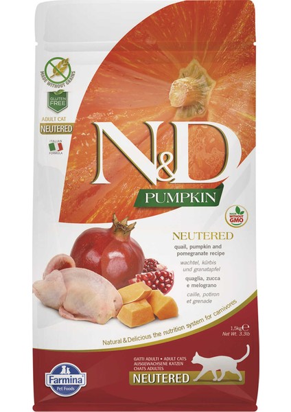 Nd Pumpkin Tahılsız Bıldırcın Eti Balkabağı ve Narlı Kısırlaştırılmış Kedi Maması 1,5kg