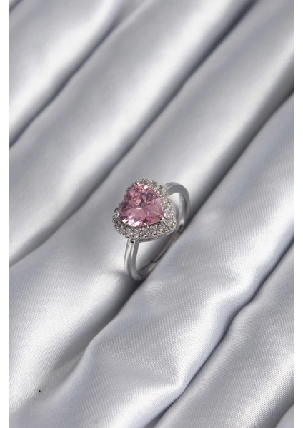 Bfs Pirinç Gümüş Renk Pembe Zirkon Taş Kalp Charm Model Kadın Yüzük