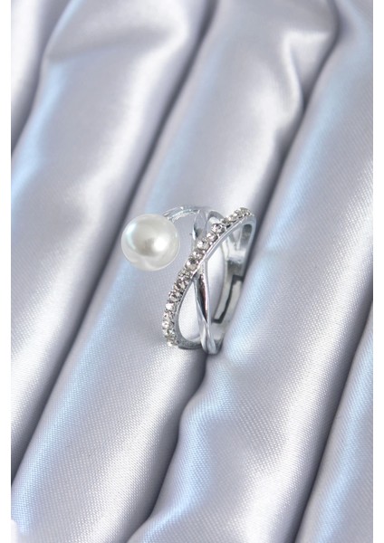 Bfs Gümüş Renk Zirkon Taşlı Incili Kadın Yüzük