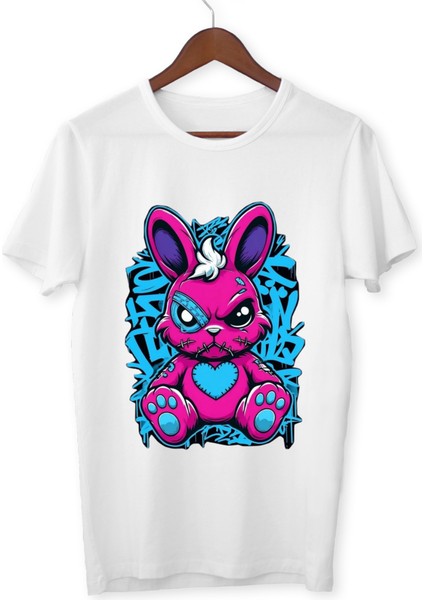 Tavşan Baskılı Çocuk Yetişkin Beyaz T-Shirt Unisex Çocuk Tişört