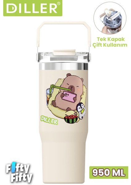 Dıller Tumbler 950 ml Tek Kapak Çift Kullanım Pipetli/pipetsiz Taşıma Kulplu Çelik TERMOS-FFDILLERD9358