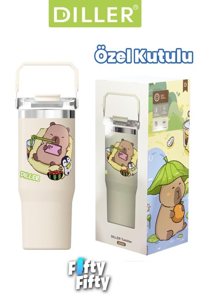 Dıller Tumbler 950 ml Tek Kapak Çift Kullanım Pipetli/pipetsiz Taşıma Kulplu Çelik TERMOS-FFDILLERD9358 fırsatları