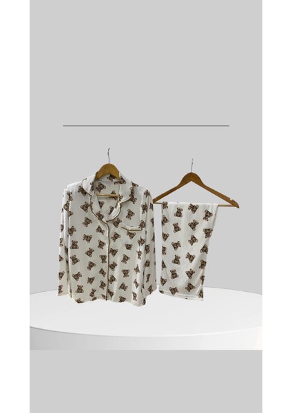 Ayıcık Desenli Örme Bürmcük Kumaş Uzun Kollu Kadın Pijama Takımı