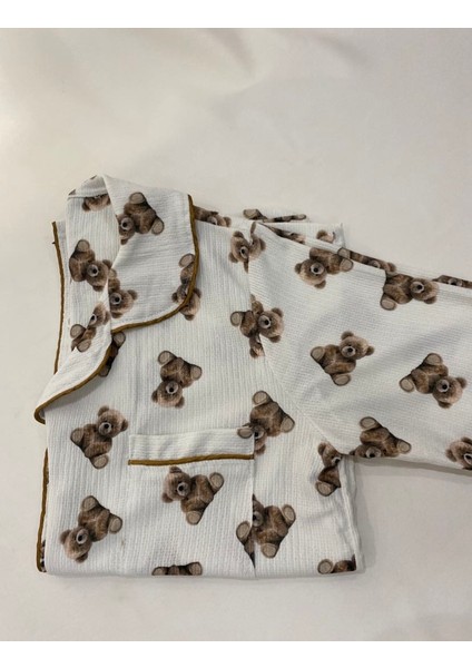 Ayıcık Desenli Örme Bürmcük Kumaş Uzun Kollu Kadın Pijama Takımı fiyatları