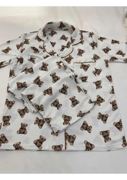 Ayıcık Desenli Örme Bürmcük Kumaş Uzun Kollu Kadın Pijama Takımı modelleri