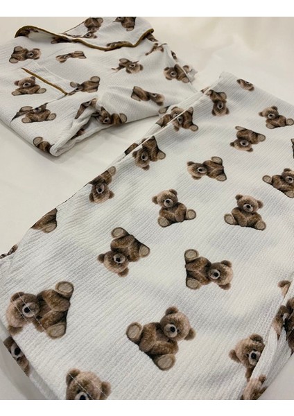 Ayıcık Desenli Örme Bürmcük Kumaş Uzun Kollu Kadın Pijama Takımı fırsatları