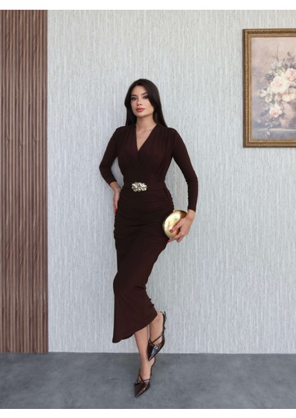 Kemerli Büzgü Detay Uzun Elbise