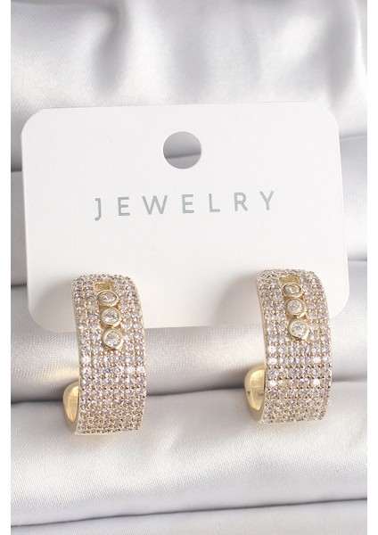 Bfs Pirinç Gold Renk Zirkon Taşlı Halka Messika Model Kadın Küpe