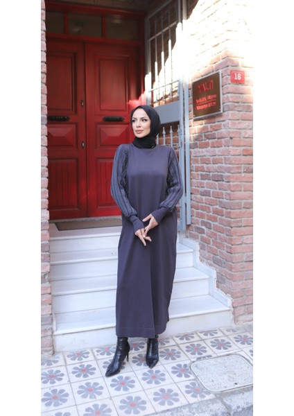 Simli Balon Kol Merserize Elbise