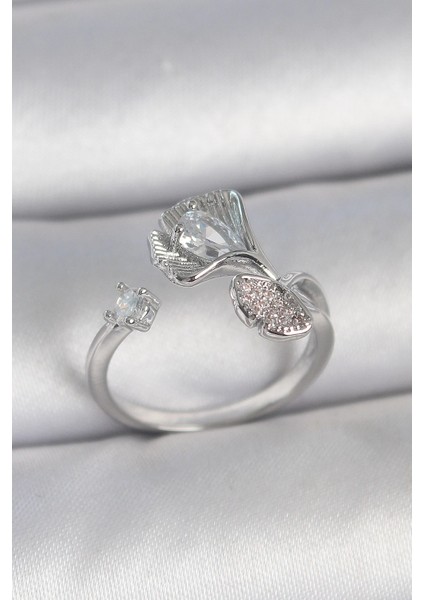 Bfs Pirinç Gümüş Renk Zirkon Taşlı Deniz Kabuğu Model Ayarlanabilir Kadın Yüzük