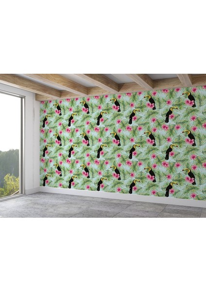 Tropikal Papağanlar Çiçekli Ağaç Yaprakları Duvar KAĞIDI-5560