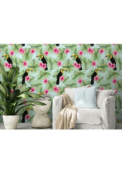 Tropikal Papağanlar Çiçekli Ağaç Yaprakları Duvar KAĞIDI-5560 fırsatları