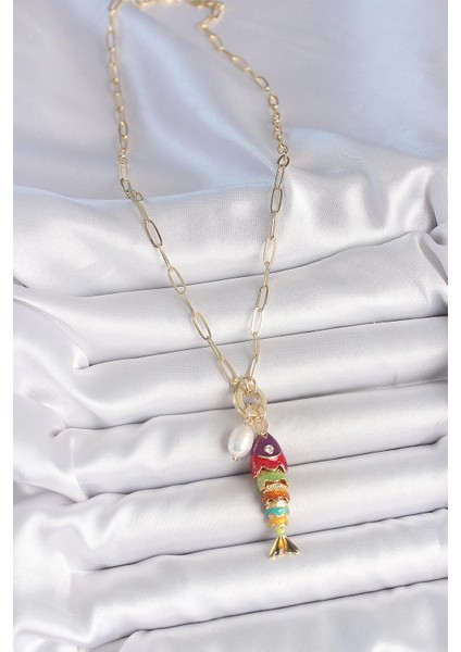 Bfs Inci Detaylı Zirkon Taşlı Rainbow Balık Figürlü Gold Renk Pirinç Kolye fiyatları