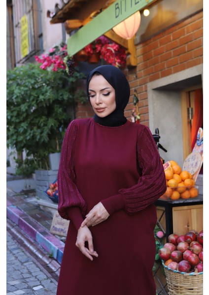 Simli Balon Kol Merserize Elbise modelleri