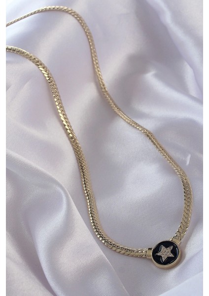 Bfs Pirinç Gold Renk Zirkon Taşlı Yıldız Model Siyah Mineli Ezme Zincirli Serenay Kolyesi fiyatları