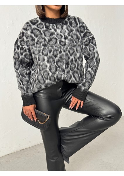 Kadın Leopar Desenli Oversize Kazak modelleri