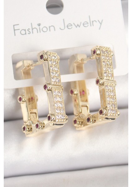 Bfs Pirinç Gold Renk Kare Zirkon Taşlı Kadın Küpe