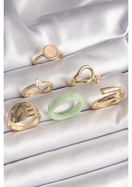 Bfs Pirinç Gold Renk Zirkon Taşlı Daire Pembe Mineli Detay 6'lı Kadın Yüzük Seti