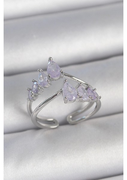 Bfs Pirinç Gümüş Renk Mor Damla Zirkon Taşlı Taç Model Kadın Yüzük