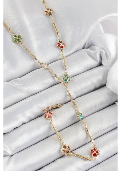 Bfs Pirinç Asorti Kalpli Yonca Model Gold Renk Zirkon Taşlı Y Kolye