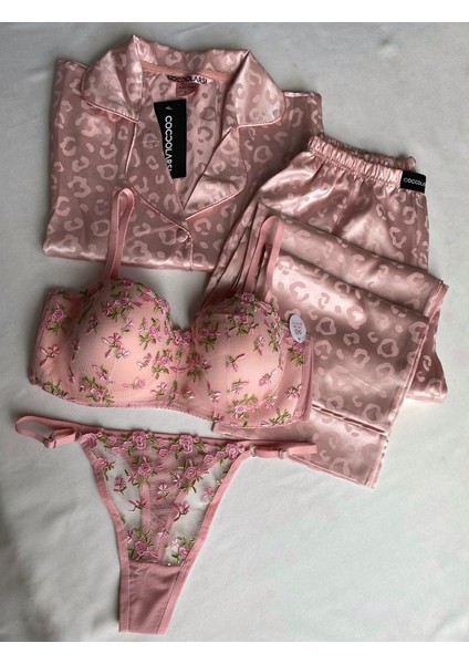 Pembe Çıtır Çiçekli Push Up Kadın Iç Çamaşır Takımı Sütyen Takımı